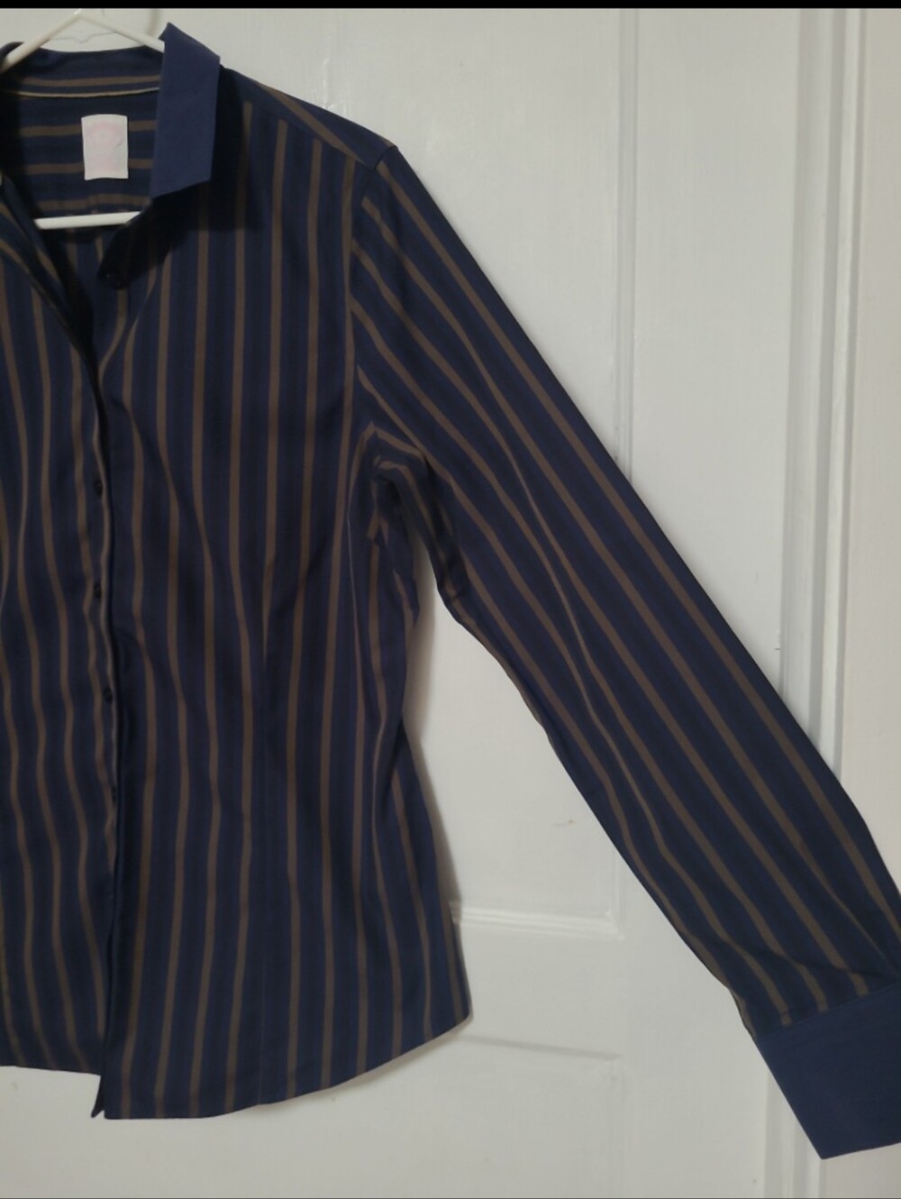 Womens Brooks Brothers Tailored Fit Navy Button-Down Shirt with Brown Stripes 10 - Picture 2 of 5